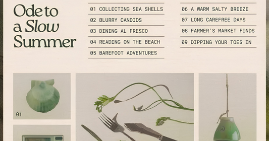 A square graphic print titled 'Ode to a Slow Summer' featuring a list of nine slow summer activities and three minimalist illustrations: a green vase, green flowers with silverware, and a green hanging bowl, all on a warm beige background.