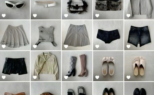Grid of various clothing and shoes on a light gray background.