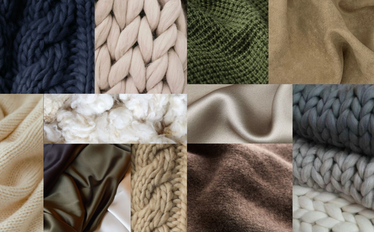 Collage of various fabric textures including knitted and woven patterns.